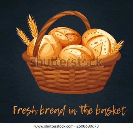 Vector icon of basket of freshly baked bread. Cartoon illustration of a wicker basket filled with fresh bread, essence of natural foods and staple ingredients for cuisine