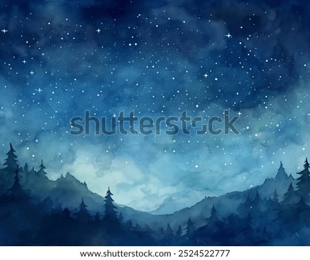 Watercolor painting of starry night sky filled with twinkling stars, with silhouettes of trees prominently in the foreground, stunning natural scene. Vector artwork of starry night sky, tall trees