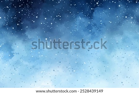 Dreamy, cold, and celestial watercolor painting of a starry night sky. Feelings of peace and tranquility as light reflects off the snow-covered ground vector illustration