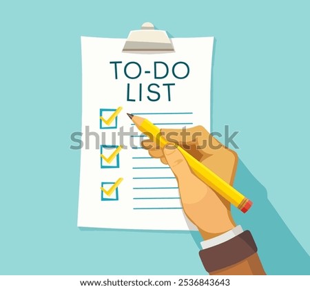 Hand writing on todo list with pencil cartoon vector illustration. Organization and planning concept. Writing down notes and tasks on todo list using sharp pencil