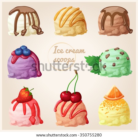 Set Of Cartoon Icons. Ice Cream Scoops With Different Toppings And ...