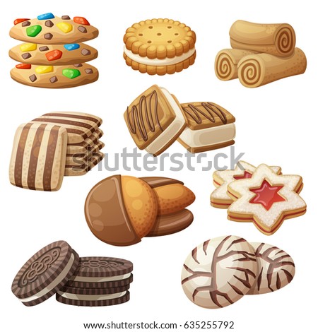 Set of delicious cookies. Cartoon vector illustration. Food sweet icons isolated on white background