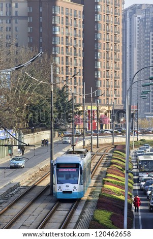DALIAN-NOV. 27. Tram in Dalian, a Chinese city where are no longer many bicycles. Dalian has an efficient public transport with the country\'s second oldest tram-system on Nov. 27, 2012 in Dalian.