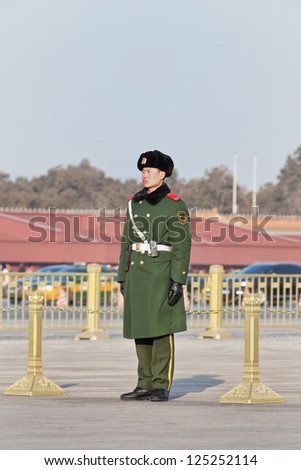 BEIJING-JAN. 17. Honor guard at Tiananmen. Honor guards are provided by the People's Liberation Army at Tiananmen Square for flag-raising ceremony and presence on Tiananmen. Beijing, Jan. 17, 2013