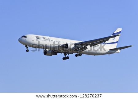 BEIJING-DEC. 9: Boeing 767-330ER, 4X-EAJ from El Al Israel Airlines landing. A two-engined medium-to-long-range widebody airliner with a capacity of maximum 351 passengers. Beijing, Dec. 9, 2012.
