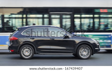 BEIJING-DEC. 6. Porsche Cayenne SUV. China is Porsche\'s second-largest market after the US. It expect sales will continue expand as it doubles its dealership network by 2016. Beijing, Dec. 6, 2013.