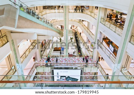 BEIJING-??DEC. 29, 2013. Interior Chaoyang Grand Joy City. This comprehensive shopping mall covers an area of 85,000 sq. meters and integrates shopping, dining, entertainment and leisure functions.