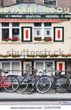 AMSTERDAM-AUGUST 26, 2014. Parked bicycles on a railing in the historic Amsterdam canal belt. It\'s impossible to know for sure, but city authorities say there are well over 600.000 bikes in Amsterdam.