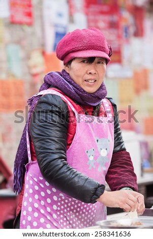 HENGDIAN-DEC. 29, 2014. Female vendor on a market. When they settle in cities, many migrants become vendors. It requires small investment, but because of its informality, it is often sanctioned.