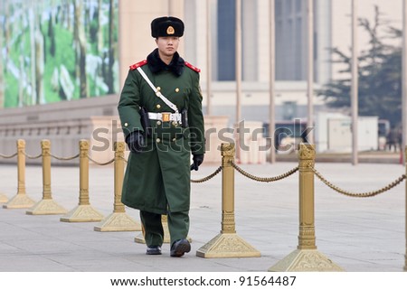 BEIJING - DEC. 26. Honor guard at Tiananmen on Dec. 26, 2011. Honor guards are provided by the People\'s Liberation Army at Tiananmen Square for flag-raising ceremony and marches on Tiananmen.