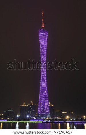 GUANGZHOU-FEB. 21, 2012. TV Tower at night on Feb. 21, 2012 in Guangzhou. It became operational on Sept. 29, 2010 and with 600 meter it is China\'s tallest structure and the world\'s tallest TV tower.