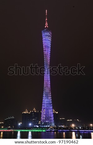 GUANGZHOU-FEB. 21, 2012. TV Tower at night on Feb. 21, 2012 in Guangzhou. It became operational on Sept. 29, 2010 and with 600 meter it is China's tallest structure and the world's tallest TV tower.