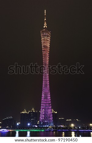GUANGZHOU-FEB. 21, 2012. TV Tower at night on Feb. 21, 2012 in Guangzhou. It became operational on Sept. 29, 2010 and with 600 meter it is China's tallest structure and the world's tallest TV tower.