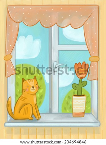 pet cat sitting on the window sill in front of a large window. computer graphics