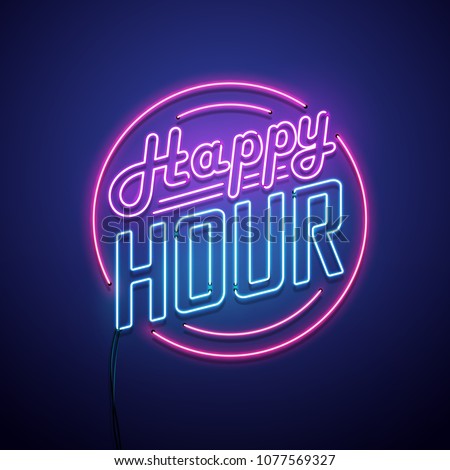 Happy hour neon sign. Vector illustration. 商業照片 © 