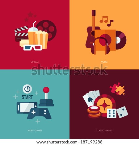 Set of vector flat design concept illustrations with icons of entertainment 