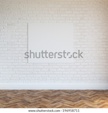White Brick Wall Interior Design With Blank Frame And Parquet