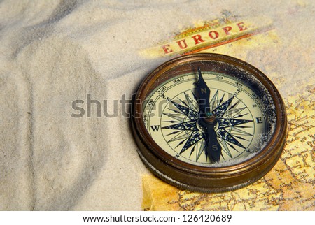 Treasure map, old navigation system, compass and direction