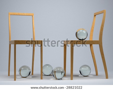 Two modern chairs in a studio with five glass balls (3D render)