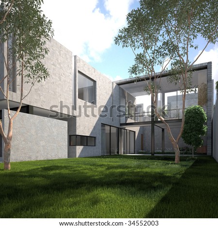 Contemporary concrete home with lush green garden in summer (3D render)