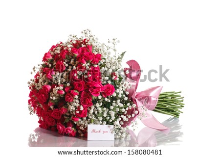 bouquet of red roses with gratitude on a white background