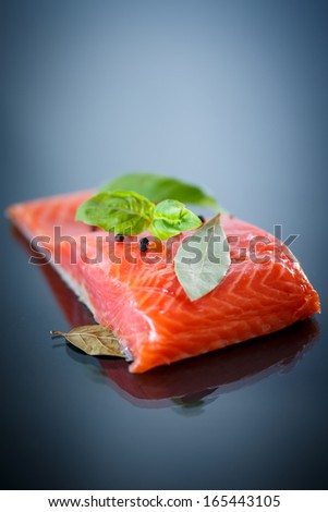 salted red fish with greens on a dark background