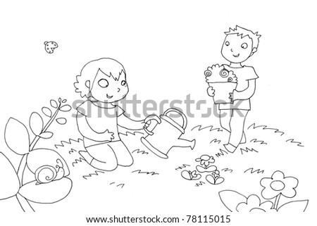 Kids Watering Plant. Black And White Illustration - 78115015 : Shutterstock