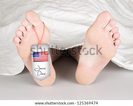 Jane Doe name tag on the foot of a body