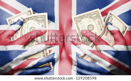 Sweaty girl covered her breast with money (dollars), flag of the UK