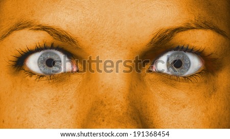 Women eye, close-up, blue eyes, orange skin