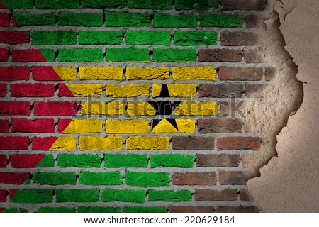 Dark brick wall texture with plaster - flag painted on wall - Sao Tome and Principe