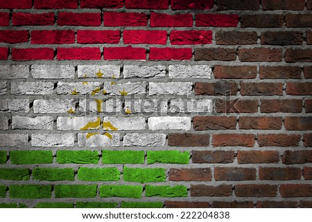 Very old dark red brick wall texture with flag - Tajikistan