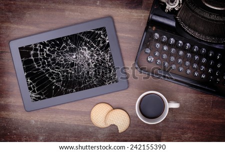 Tablet computer with broken glass, screen destroyed