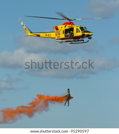 LEEUWARDEN,FRIESLAND,HOLLAND-SEPTEMBER 17: Agusta AB-412 SP Helicopter at the “Luchtmachtdagen” Airshow on September 17, 2011 at Leeuwarden Airfield,Friesland,Holland