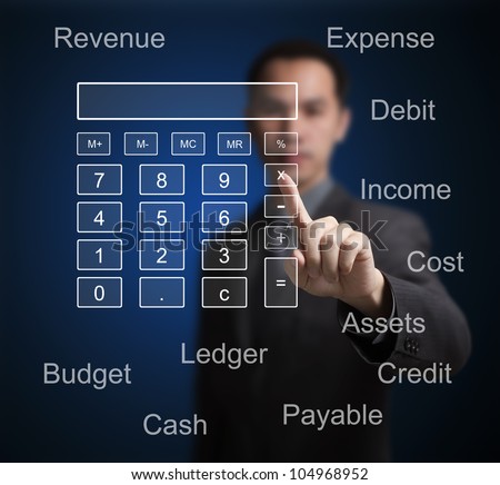 business man pointing at calculator and accounting concept on computer touchscreen