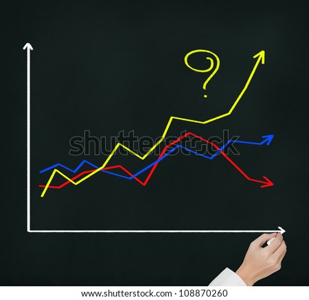 business hand asking question - How to make the different success ?  by writing question mark on highest growth financial graph