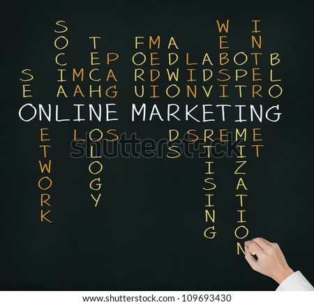 business hand writing online marketing  concept by crossword of relate word such as internet, technology, advertising, seo, website, media, etc.
