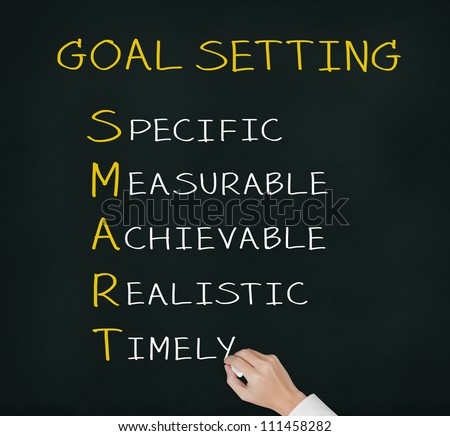 business hand writing smart goal or objective setting - specific - measurable - achievable realistic - timely
