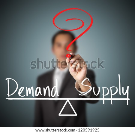 business man writing demand and supply compare on balance bar