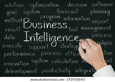 business hand writing business intelligence concept on chalkboard