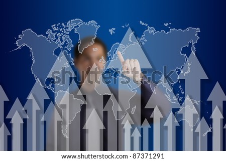 business man pointing at rising arrow with world map background