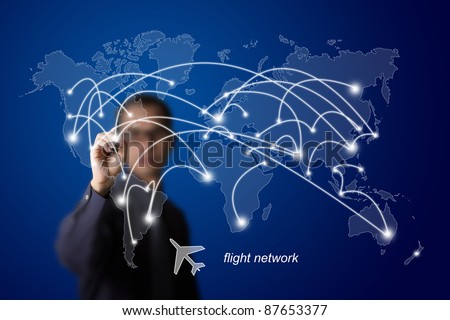 businessman drawing plane transportation route network
