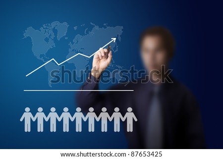 business man drawing teamwork and upward trend graph
