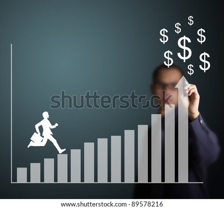 business man climbing up to money on upward trend graph draw by a businessman
