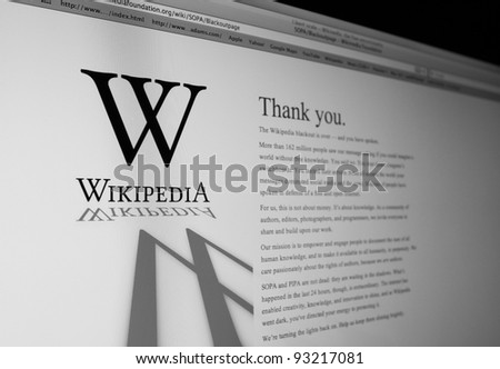 BANGKOK - JAN 20:  A computer screen shows Wikipedia announcing the end of the blackout of English Wikipedia against legislation SOPA and PIPA at midnight January 19, 2012 Eastern Time.