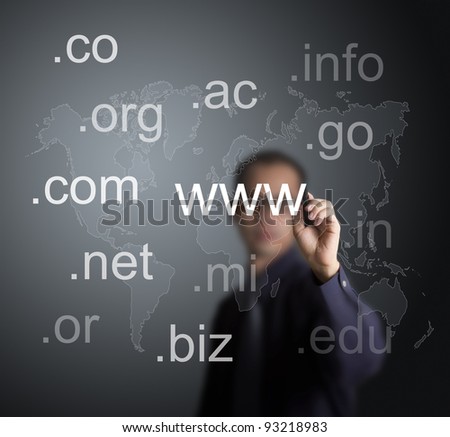 business man writing various website domain name with world map background on whiteboard