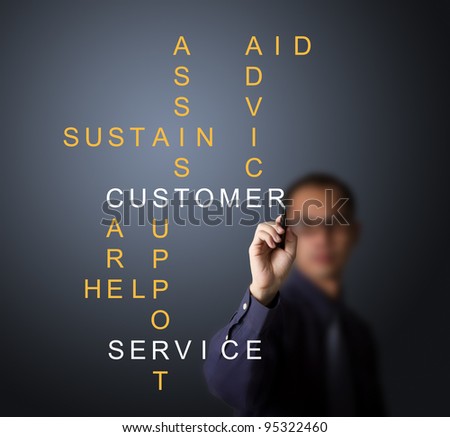 business man writing customer service concept - assist - aid - advice - care - help - sustain - support