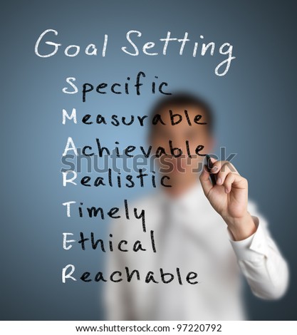 business man writing  concept of smarter goal or objective setting - specific - measurable - achievable realistic - timely - ethical - reachable