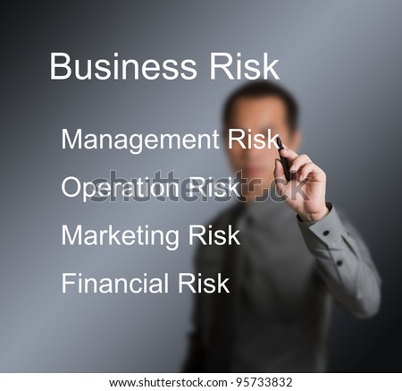 business man writing four type of business risk ( management - operation - marketing - financial ) on whiteboard