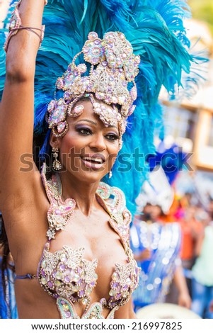VICTORIA, SEYCHELLES - April 26, 2014: Brazilian samba dancer at the Carnival International de Victoria in Seychelles